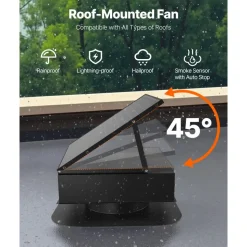 VEVOR Roof Attic Exhaust Fan, 35W Smart Solar Roof Ventilation Fan Auto Temperature Control, 2400 CFM Airflow Built-in Brushless DC Motor for Cooling and Dehumidification, No Remote