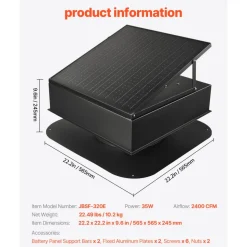 VEVOR Roof Attic Exhaust Fan, 35W Smart Solar Roof Ventilation Fan Auto Temperature Control, 2400 CFM Airflow Built-in Brushless DC Motor for Cooling and Dehumidification, No Remote