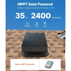 VEVOR Roof Attic Exhaust Fan, 35W Smart Solar Roof Ventilation Fan Auto Temperature Control, 2400 CFM Airflow Built-in Brushless DC Motor for Cooling and Dehumidification, No Remote