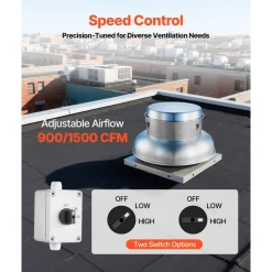 VEVOR Roof Exhaust Fan, Attic Vent Fan with High-Power Motor, 21 inch Fan Base Heavy-Duty Aluminum Alloy, Speed Control Adjustable Airflow 900/1500 CFM, Compact for Garage,Kitchen,Bathroom, Silver
