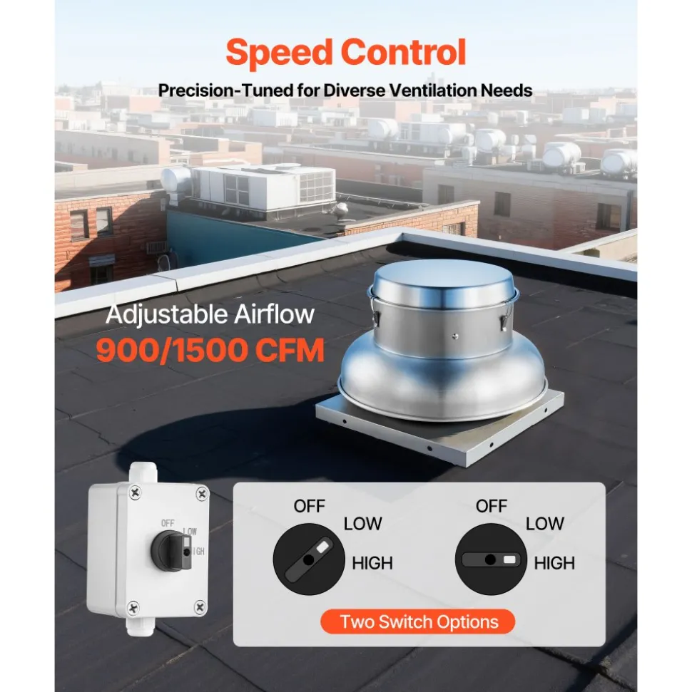 VEVOR Roof Exhaust Fan, Attic Vent Fan with High-Power Motor, 21 inch Fan Base Heavy-Duty Aluminum Alloy, Speed Control Adjustable Airflow 900/1500 CFM, Compact for Garage,Kitchen,Bathroom, Silver