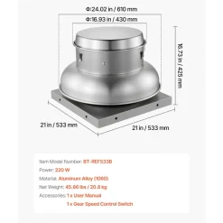 VEVOR Roof Exhaust Fan, Attic Vent Fan with High-Power Motor, 21 inch Fan Base Heavy-Duty Aluminum Alloy, Speed Control Adjustable Airflow 900/1500 CFM, Compact for Garage,Kitchen,Bathroom, Silver