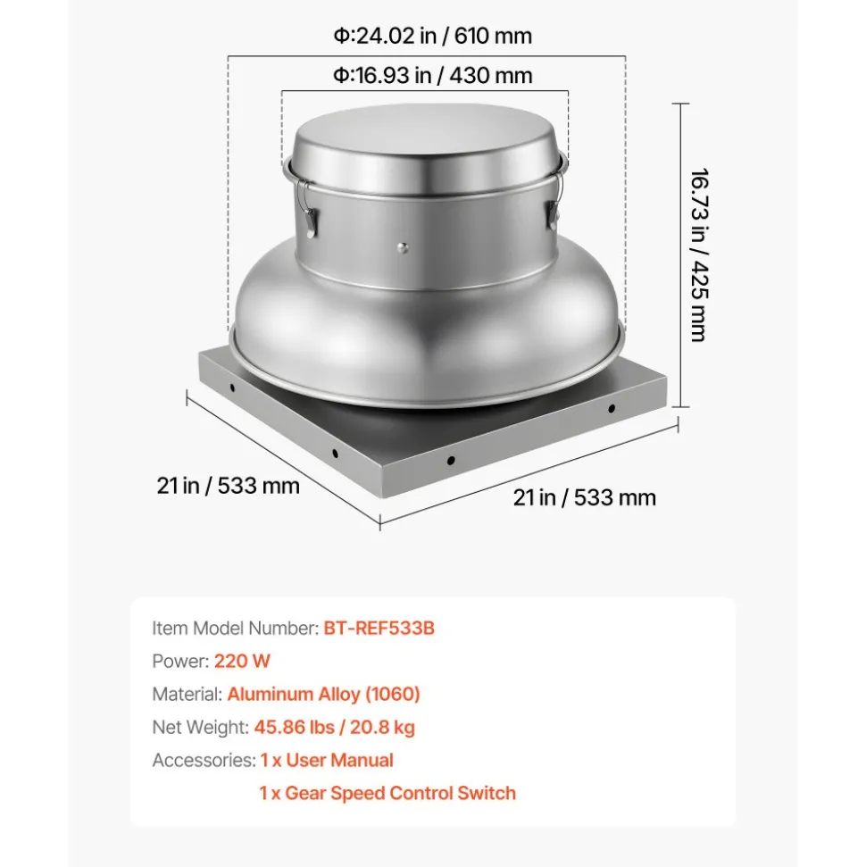 VEVOR Roof Exhaust Fan, Attic Vent Fan with High-Power Motor, 21 inch Fan Base Heavy-Duty Aluminum Alloy, Speed Control Adjustable Airflow 900/1500 CFM, Compact for Garage,Kitchen,Bathroom, Silver