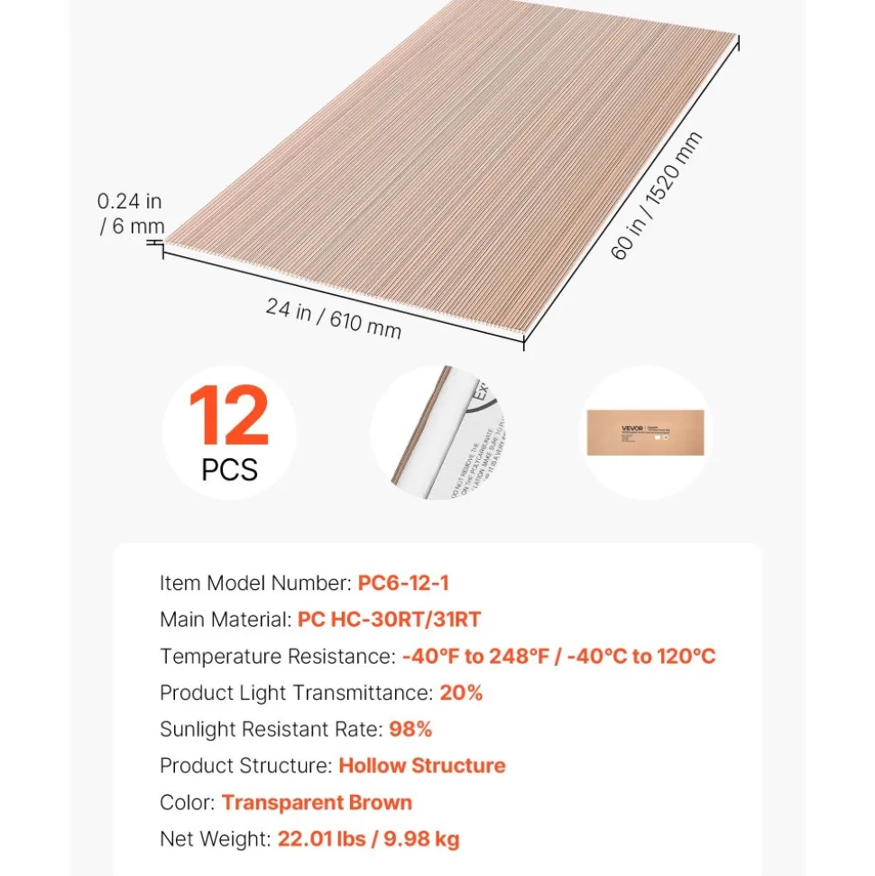 VEVOR Roof Panels, 12Pcs Polycarbonate Roofing Panels Double Layer, High Impact Corrugated Plastic Greenhouse Replacement Cover, Waterproof for Gazebos, Chicken Coops, Home, Garden (5' x 2' x 0.24")