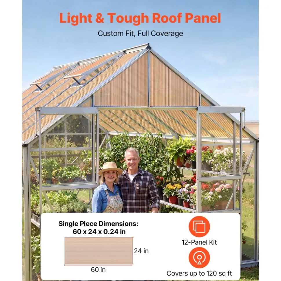VEVOR Roof Panels, 12Pcs Polycarbonate Roofing Panels Double Layer, High Impact Corrugated Plastic Greenhouse Replacement Cover, Waterproof for Gazebos, Chicken Coops, Home, Garden (5' x 2' x 0.24")