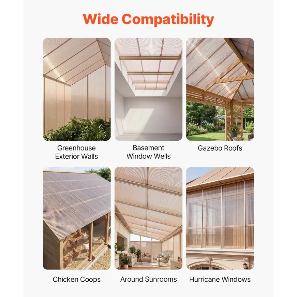 VEVOR Roof Panels, 12Pcs Polycarbonate Roofing Panels Double Layer, High Impact Corrugated Plastic Greenhouse Replacement Cover, Waterproof for Gazebos, Chicken Coops, Home, Garden (5' x 2' x 0.24")