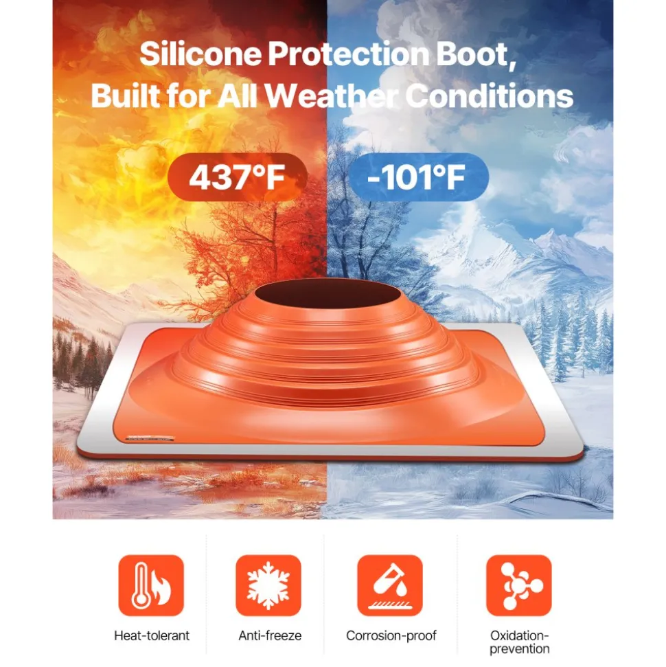 VEVOR Roof Pipe Flashing Boot, Fit Pipe OD 10" to 18", Flexible Silicone Roofing Jack Pipe Flashing, High Temp -101℉ to 437℉, Endurable Square Metal Base, for Chimney, Wood Stove & Outdoor Vent Pipes