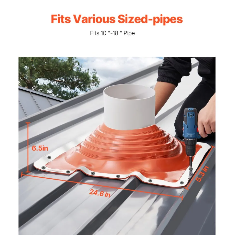 VEVOR Roof Pipe Flashing Boot, Fit Pipe OD 10" to 18", Flexible Silicone Roofing Jack Pipe Flashing, High Temp -101℉ to 437℉, Endurable Square Metal Base, for Chimney, Wood Stove & Outdoor Vent Pipes