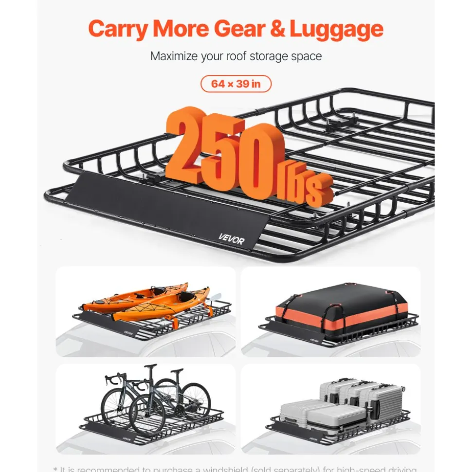 VEVOR Roof Rack Basket, 64 x 39 x 4.1 in, Universal Rooftop Cargo Carrier with 44.1 x 34.3 x 10.2 in Cargo Bag, Net, Ratchet Straps, 250 lbs Max Load Capacity Car Top Luggage Holder, for SUV Truck Car