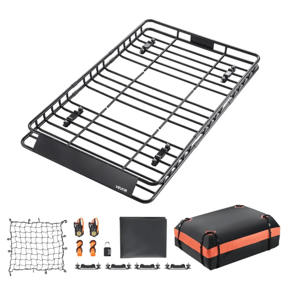 VEVOR Roof Rack Basket, 64 x 39 x 4.1 in, Universal Rooftop Cargo Carrier with 44.1 x 34.3 x 10.2 in Cargo Bag, Net, Ratchet Straps, 250 lbs Max Load Capacity Car Top Luggage Holder, for SUV Truck Car