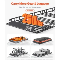 VEVOR Roof Rack Basket, 84 x 39 x 4.1 in, Universal Rooftop Cargo Carrier with 7.9 x 3.9 x 10.2 in Cargo Bag, Net, Ratchet Straps, 250 lbs Max Load Capacity Car Top Luggage Holder, for SUV Truck Car