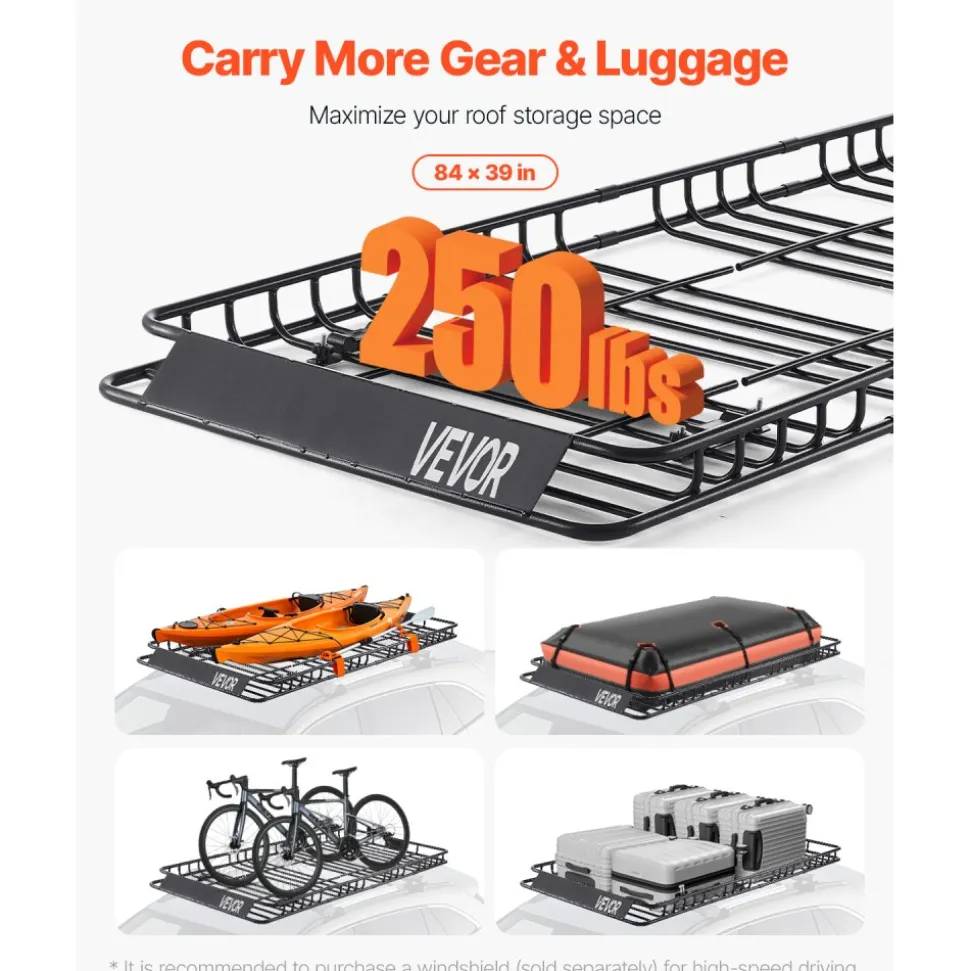 VEVOR Roof Rack Basket, 84 x 39 x 4.1 in, Universal Rooftop Cargo Carrier with 7.9 x 3.9 x 10.2 in Cargo Bag, Net, Ratchet Straps, 250 lbs Max Load Capacity Car Top Luggage Holder, for SUV Truck Car