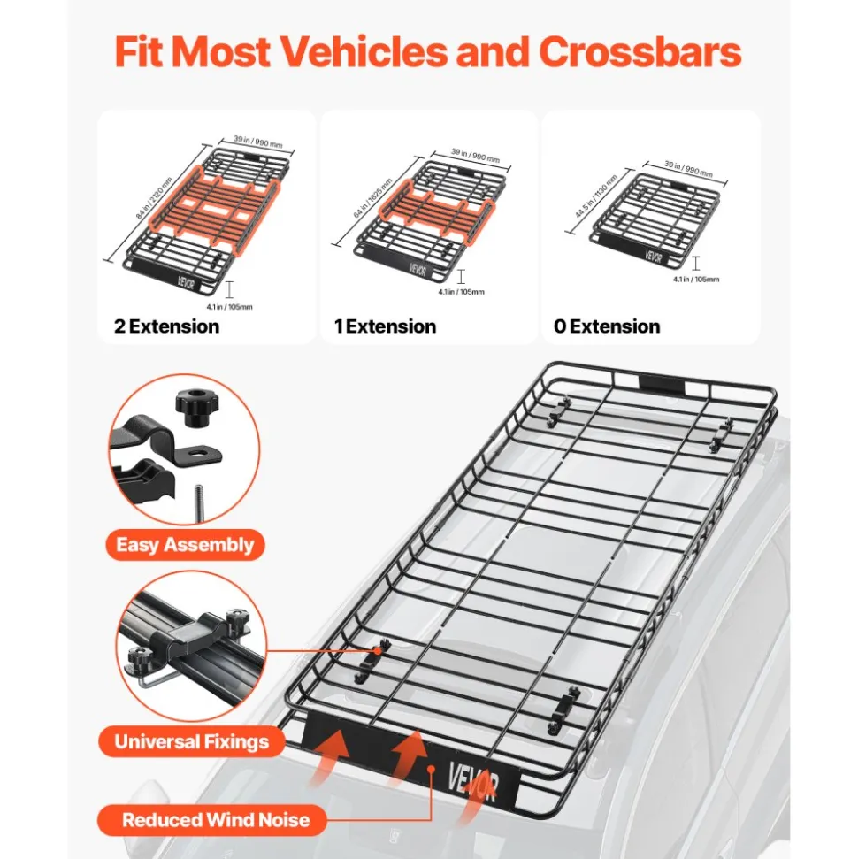 VEVOR Roof Rack Basket, 84 x 39 x 4.1 in, Universal Rooftop Cargo Carrier with 7.9 x 3.9 x 10.2 in Cargo Bag, Net, Ratchet Straps, 250 lbs Max Load Capacity Car Top Luggage Holder, for SUV Truck Car