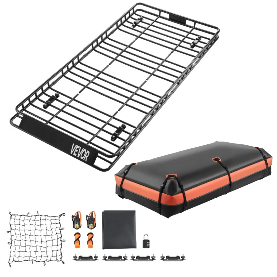 VEVOR Roof Rack Basket, 84 x 39 x 4.1 in, Universal Rooftop Cargo Carrier with 7.9 x 3.9 x 10.2 in Cargo Bag, Net, Ratchet Straps, 250 lbs Max Load Capacity Car Top Luggage Holder, for SUV Truck Car