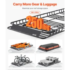 VEVOR Roof Rack Basket, 84 x 39 x 4.1 in, Universal Rooftop Cargo Carrier with 7.9 x 3.9 x 10.2 in Cargo Bag, Net, Ratchet Straps, 250 lbs Max Load Capacity Car Top Luggage Holder, for SUV Truck Car