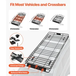 VEVOR Roof Rack Basket, 84 x 39 x 4.1 in, Universal Rooftop Cargo Carrier with 7.9 x 3.9 x 10.2 in Cargo Bag, Net, Ratchet Straps, 250 lbs Max Load Capacity Car Top Luggage Holder, for SUV Truck Car