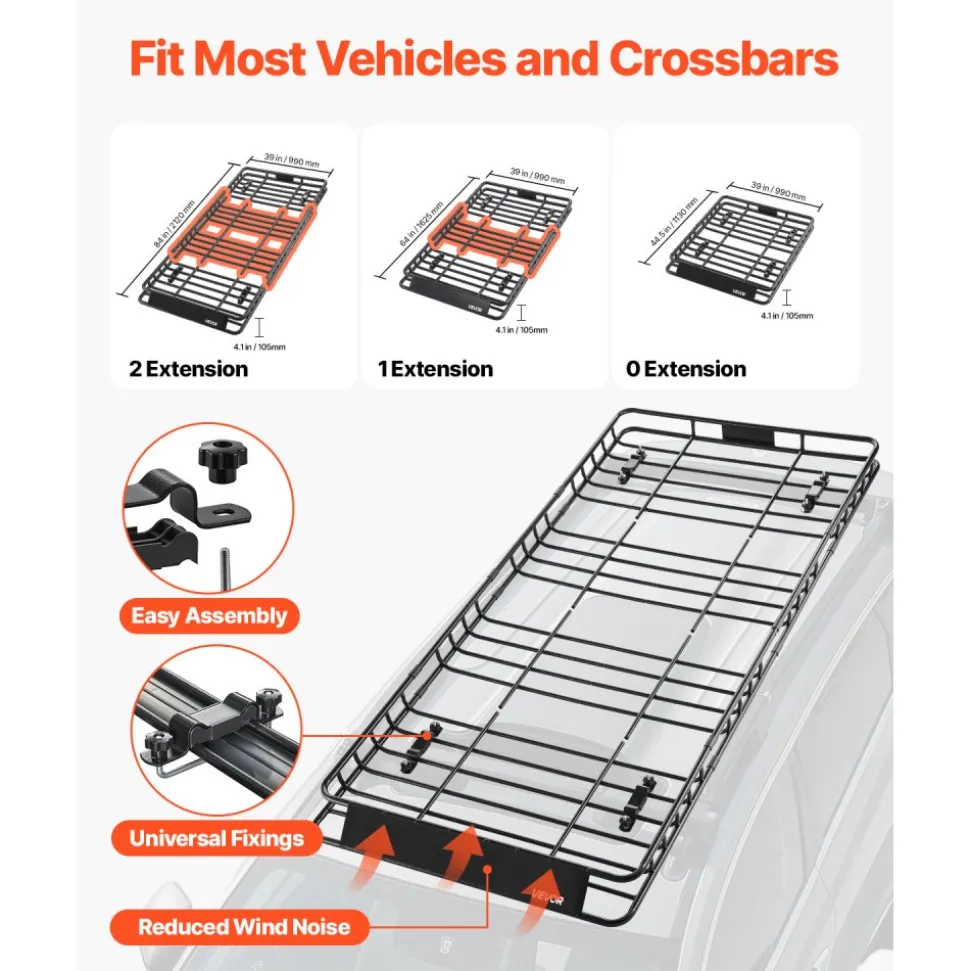 VEVOR Roof Rack Basket, 84 x 39 x 4.1 in, Universal Rooftop Cargo Carrier with 7.9 x 3.9 x 10.2 in Cargo Bag, Net, Ratchet Straps, 250 lbs Max Load Capacity Car Top Luggage Holder, for SUV Truck Car
