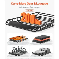 VEVOR Roof Rack Basket, 51 x 36 x 4.1 in, Universal Rooftop Cargo Carrier with 1120 x 870 x 260 mm Cargo Bag, Net, Ratchet Straps, 200 lbs Max Load Capacity Car Top Luggage Holder, for SUV Truck Car