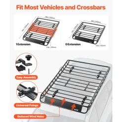 VEVOR Roof Rack Basket, 51 x 36 x 4.1 in, Universal Rooftop Cargo Carrier with 1120 x 870 x 260 mm Cargo Bag, Net, Ratchet Straps, 200 lbs Max Load Capacity Car Top Luggage Holder, for SUV Truck Car