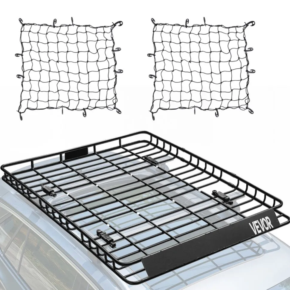VEVOR Roof Rack Basket, 64 x 50 x 4.1 in, Universal Rooftop Cargo Carrier with Two 35.4 x 39.4 in Cargo Net,150 lbs Max Car Top Luggage Holder, 4.1 in Fence, Anti-Rust Alloy Steel, for SUV Truck Car