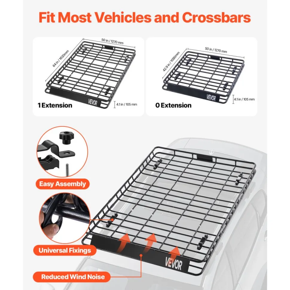 VEVOR Roof Rack Basket, 64 x 50 x 4.1 in, Universal Rooftop Cargo Carrier with Two 35.4 x 39.4 in Cargo Net,150 lbs Max Car Top Luggage Holder, 4.1 in Fence, Anti-Rust Alloy Steel, for SUV Truck Car