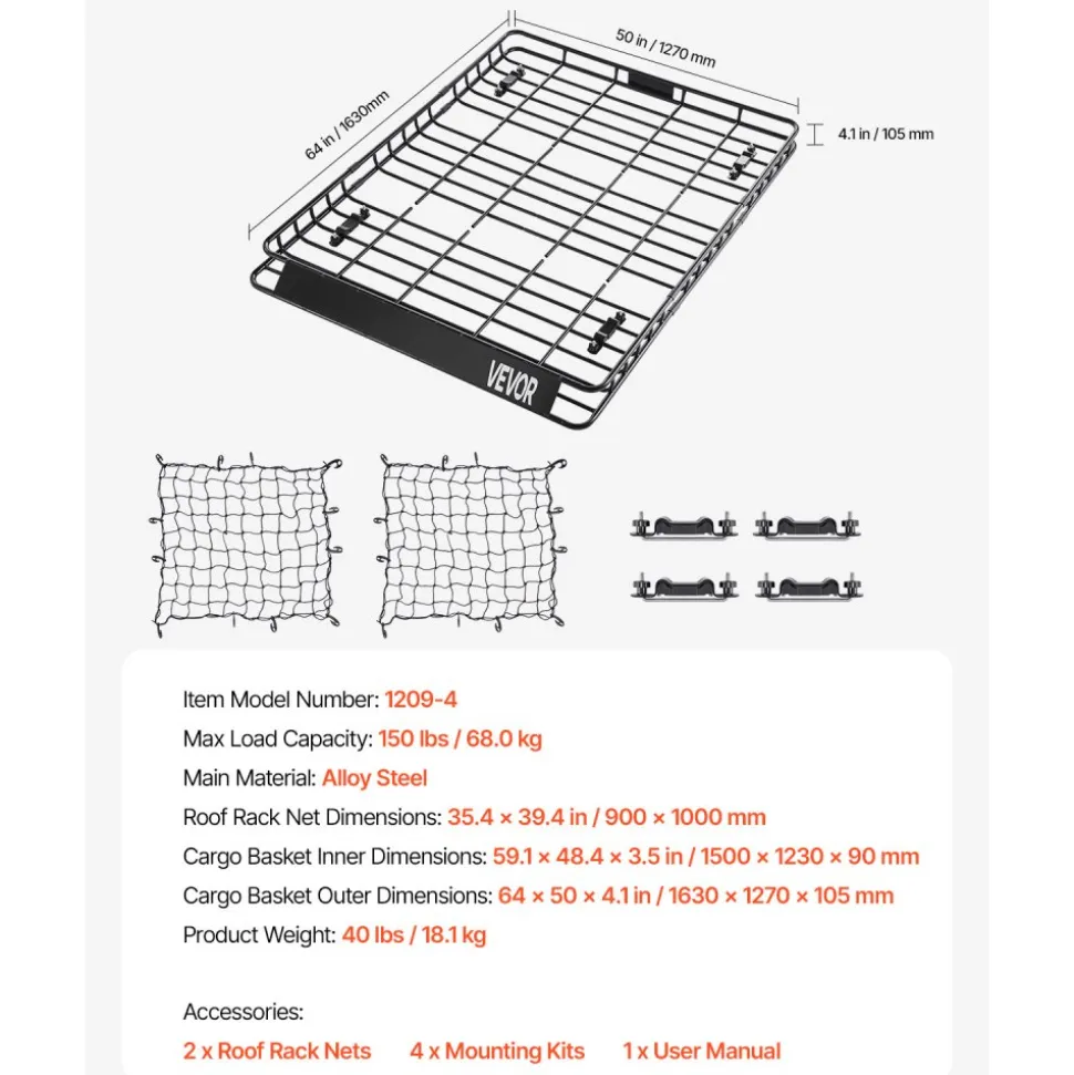 VEVOR Roof Rack Basket, 64 x 50 x 4.1 in, Universal Rooftop Cargo Carrier with Two 35.4 x 39.4 in Cargo Net,150 lbs Max Car Top Luggage Holder, 4.1 in Fence, Anti-Rust Alloy Steel, for SUV Truck Car