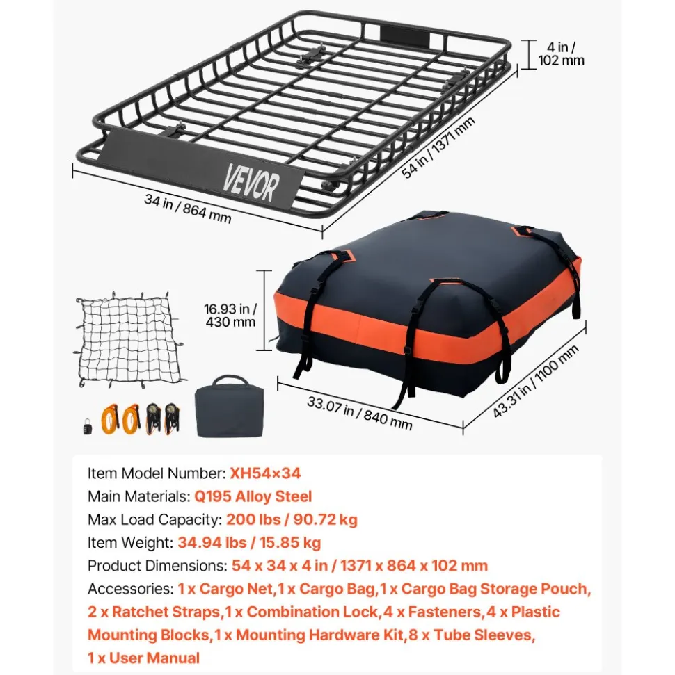 VEVOR Roof Rack Cargo Basket, 54 x 34 x 4 in, Heavy Duty Roof Top Carrier Basket with Waterproof Bag, Cargo Net, Ratchet Straps, 200 lbs Capacity, Universal Car Top Luggage Holder, for SUV Truck Car