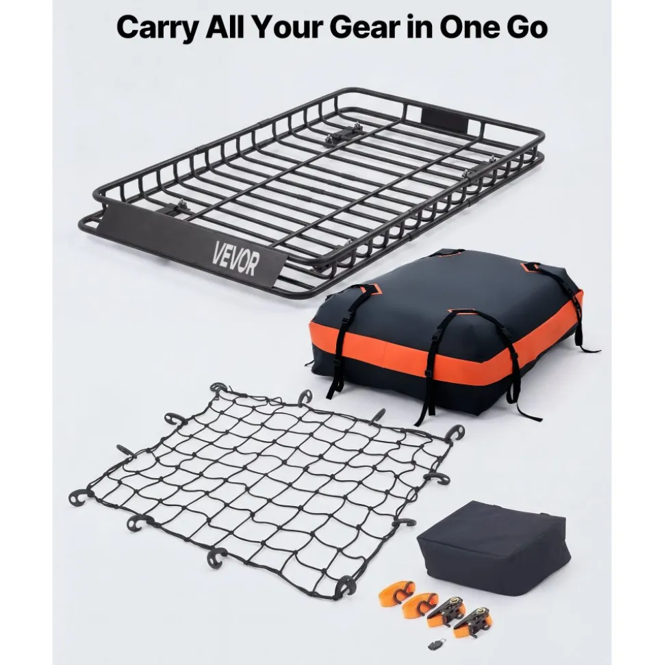 VEVOR Roof Rack Cargo Basket, 54 x 34 x 4 in, Heavy Duty Roof Top Carrier Basket with Waterproof Bag, Cargo Net, Ratchet Straps, 200 lbs Capacity, Universal Car Top Luggage Holder, for SUV Truck Car
