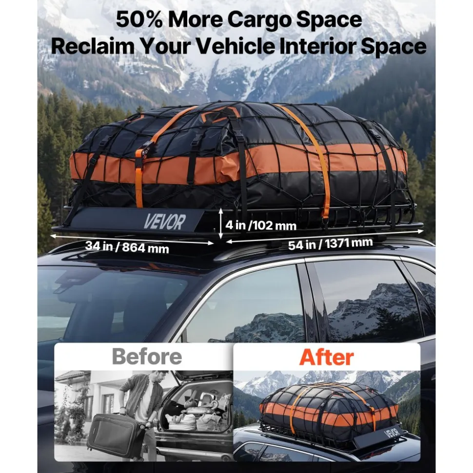 VEVOR Roof Rack Cargo Basket, 54 x 34 x 4 in, Heavy Duty Roof Top Carrier Basket with Waterproof Bag, Cargo Net, Ratchet Straps, 200 lbs Capacity, Universal Car Top Luggage Holder, for SUV Truck Car