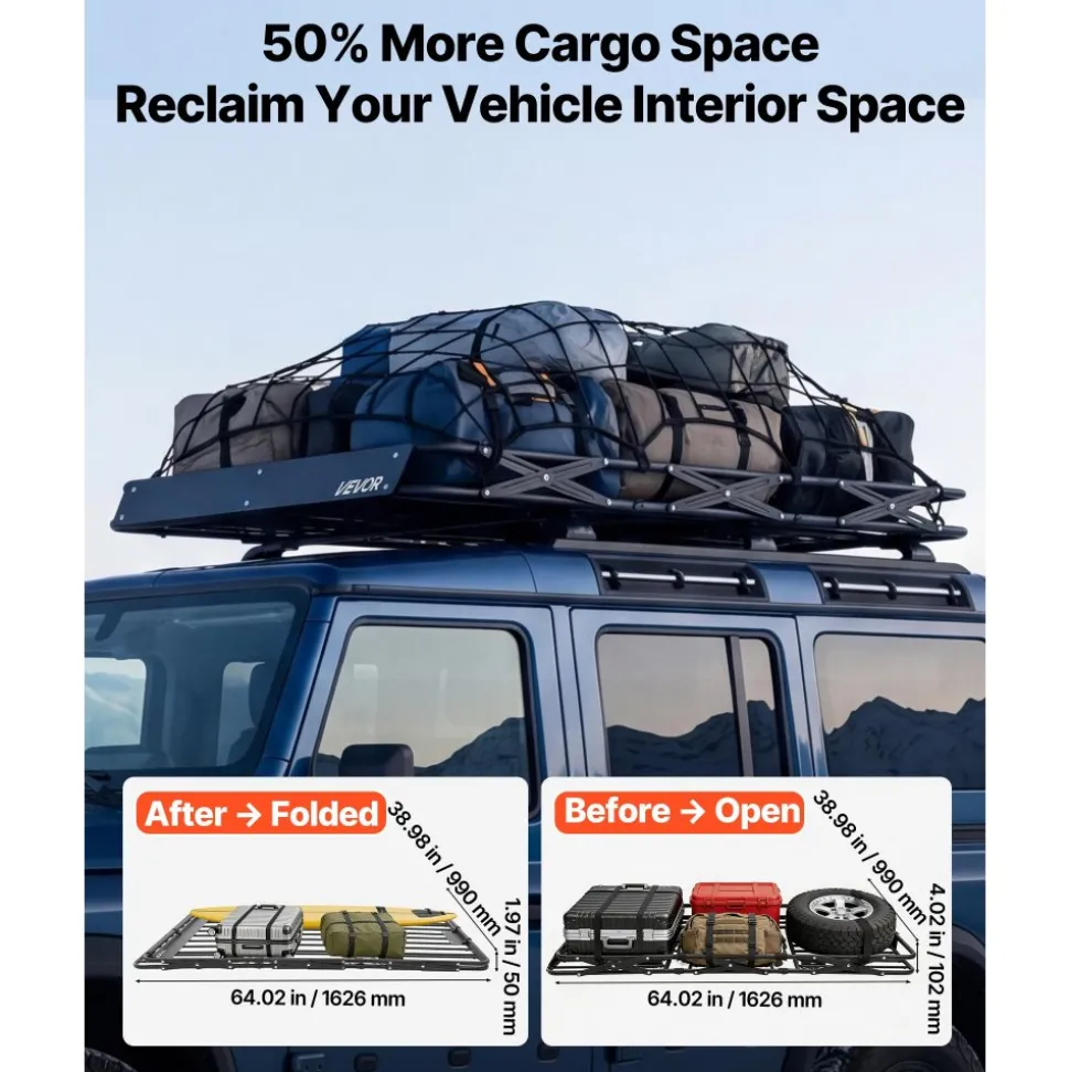 VEVOR Roof Rack Cargo Basket, 64 x 39 x 4 in, Heavy Duty Roof Top Carrier Basket with Folding Design, 200 lbs Capacity, All-Weather Easy-Install Car Top Luggage Holder, Universal Fit for SUV Truck Car