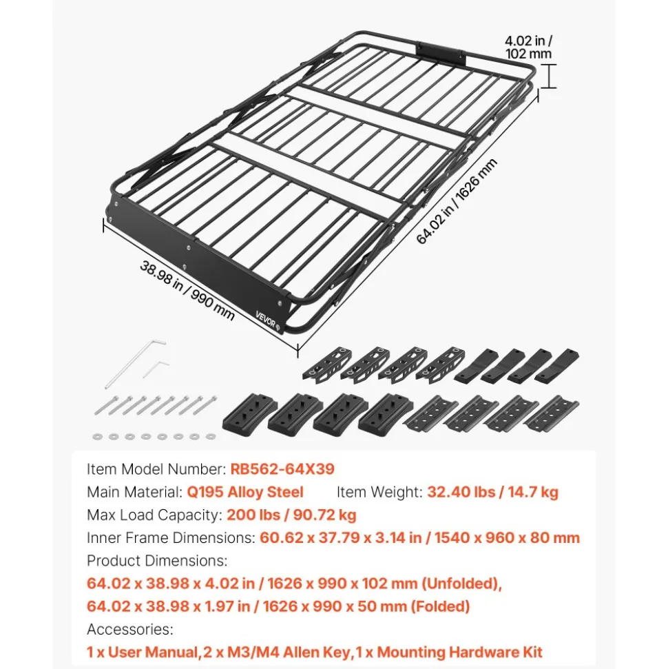 VEVOR Roof Rack Cargo Basket, 64 x 39 x 4 in, Heavy Duty Roof Top Carrier Basket with Folding Design, 200 lbs Capacity, All-Weather Easy-Install Car Top Luggage Holder, Universal Fit for SUV Truck Car