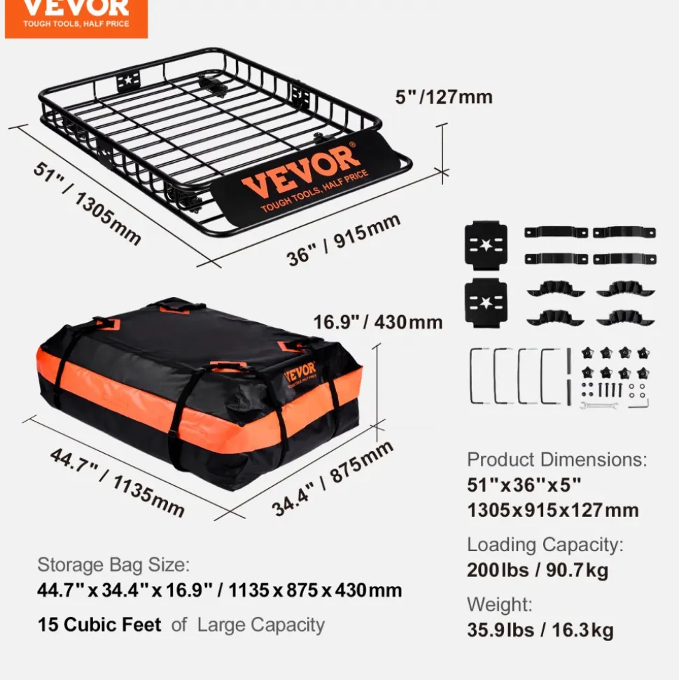 VEVOR Roof Rack Cargo Basket, 46" x 36" x 4.5" Rooftop Cargo Carrier, Heavy-duty 200 LBS Capacity Universal Roof Rack Basket, Luggage Holder for SUV, Truck, Vehicle