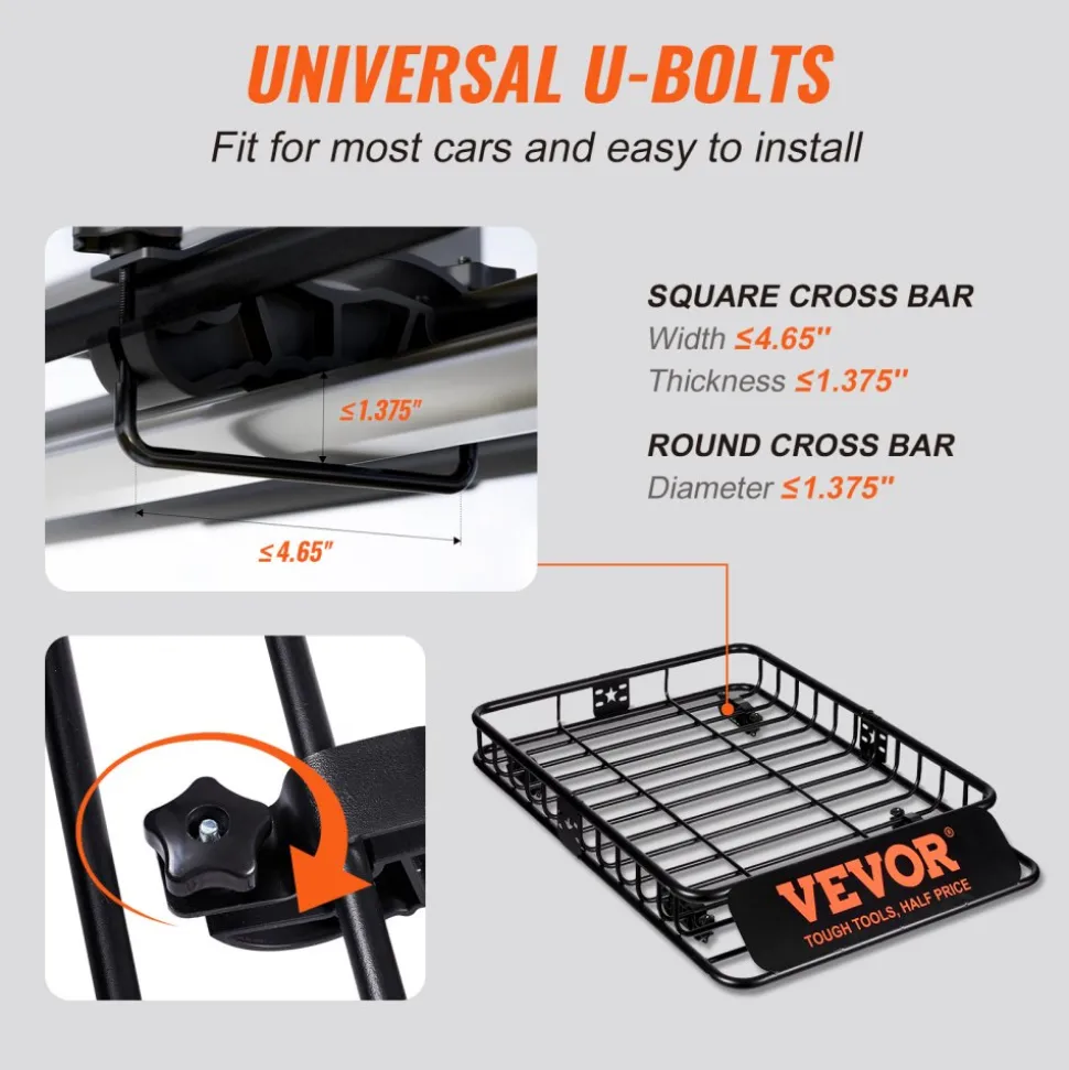 VEVOR Roof Rack Cargo Basket, 46" x 36" x 4.5" Rooftop Cargo Carrier, Heavy-duty 200 LBS Capacity Universal Roof Rack Basket, Luggage Holder for SUV, Truck, Vehicle