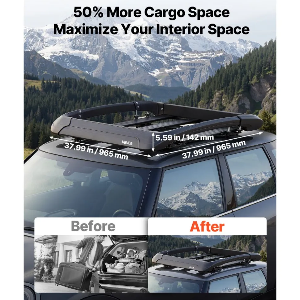 VEVOR Roof Rack Cargo Basket, 38 x 38 x 5.59 in, Universal Heavy Duty Roof Top Carrier Basket, 150 lbs Capacity, All-Weather Car Top Luggage Holder, Fits Crossbars up to 3.54 x 1.97 in, for SUV Truck