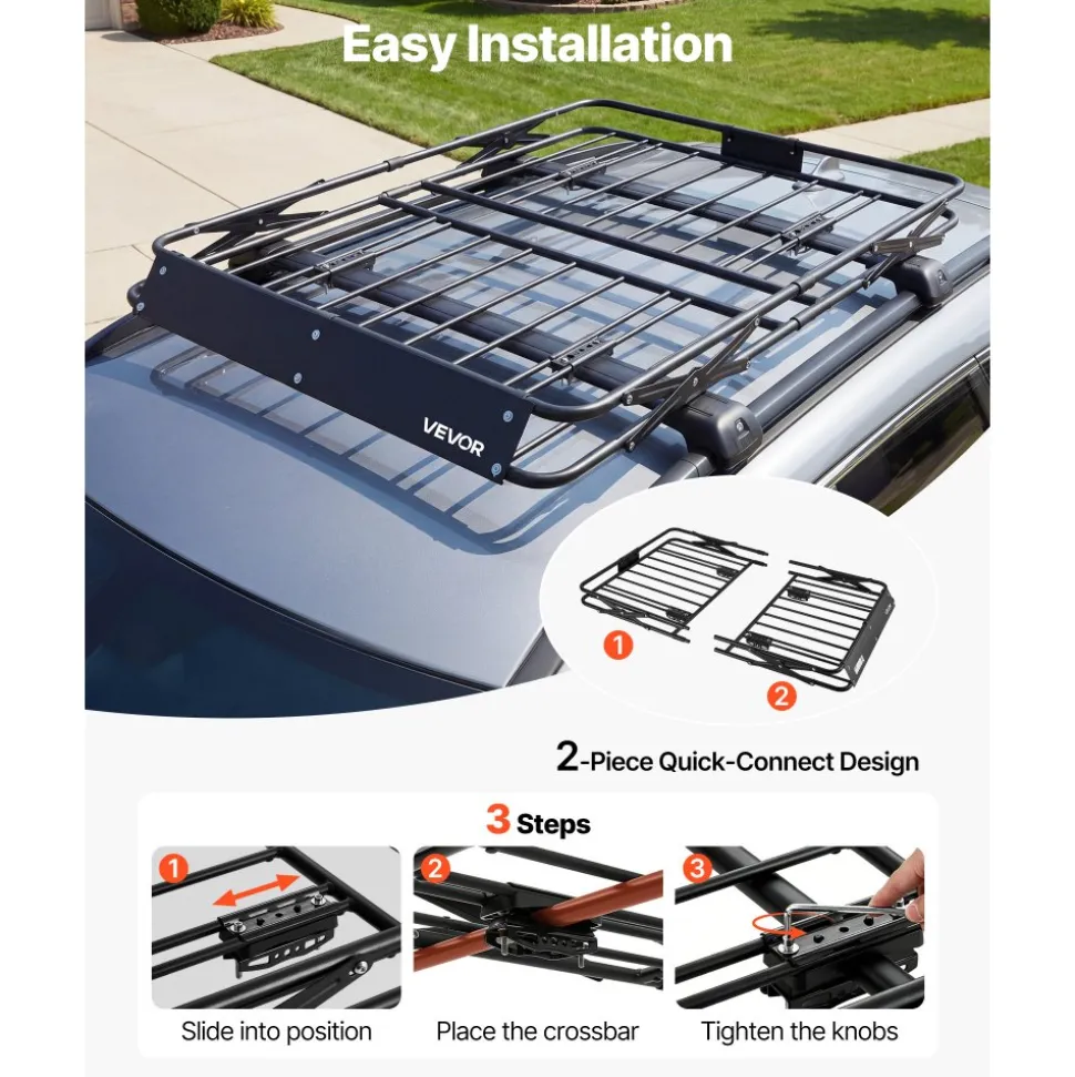 VEVOR Roof Rack Cargo Basket, 51 x 36 x 4 in, Heavy Duty Roof Top Carrier Basket with Folding Design, 200 lbs Capacity, All-Weather Easy-Install Car Top Luggage Holder, Universal Fit for SUV Truck Car