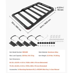 VEVOR Roof Rack Cargo Basket, 64 x 39 x 4.53 in, Heavy Duty Roof Top Carrier Basket with Extension, 200 lbs Capacity, All-Weather Car Top Luggage Holder, Universal Fit for SUVs Trucks Vehicles Pickups