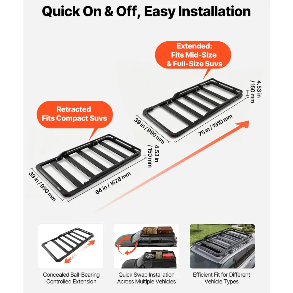 VEVOR Roof Rack Cargo Basket, 64 x 39 x 4.53 in, Heavy Duty Roof Top Carrier Basket with Extension, 200 lbs Capacity, All-Weather Car Top Luggage Holder, Universal Fit for SUVs Trucks Vehicles Pickups