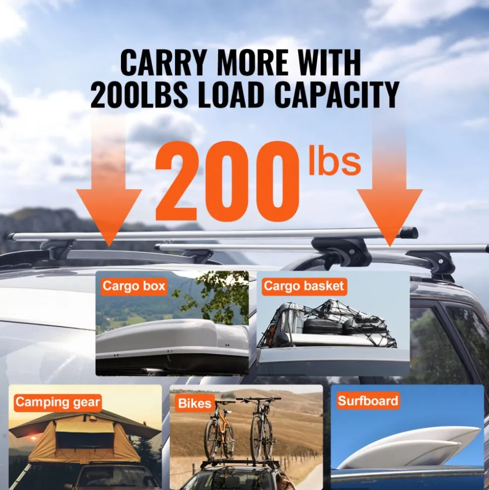 VEVOR Roof Rack Cross Bars, Aluminum Roof Rack Crossbars, Fit Raised Side Rail with Gap, 200 lbs Load Capacity, Adjustable Crossbars with Locks, for SUVs, Sedans, and Vans