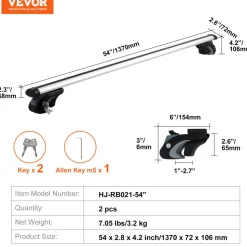 VEVOR Roof Rack Cross Bars, Aluminum Roof Rack Crossbars, Fit Raised Side Rail with Gap, 200 lbs Load Capacity, Adjustable Crossbars with Locks, for SUVs, Sedans, and Vans