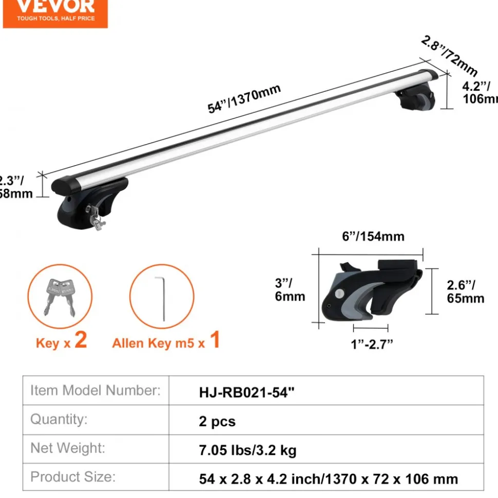 VEVOR Roof Rack Cross Bars, Aluminum Roof Rack Crossbars, Fit Raised Side Rail with Gap, 200 lbs Load Capacity, Adjustable Crossbars with Locks, for SUVs, Sedans, and Vans