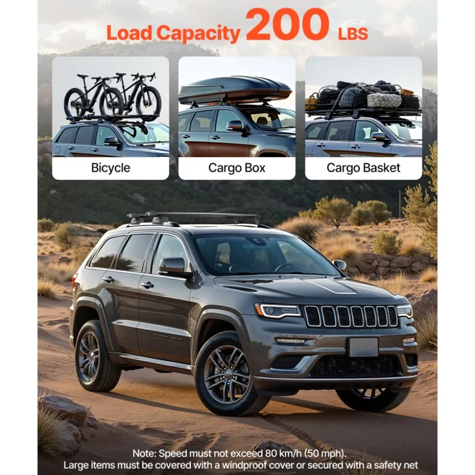VEVOR Roof Rack Cross Bars, Fits Jeep Grand Cherokee 2011-2021 (With Grooved Side Rails), 200 LBS Capacity, Lockable Heavy Duty Aluminum Crossbar Racks Roof Rail Rooftop Luggage Canoe