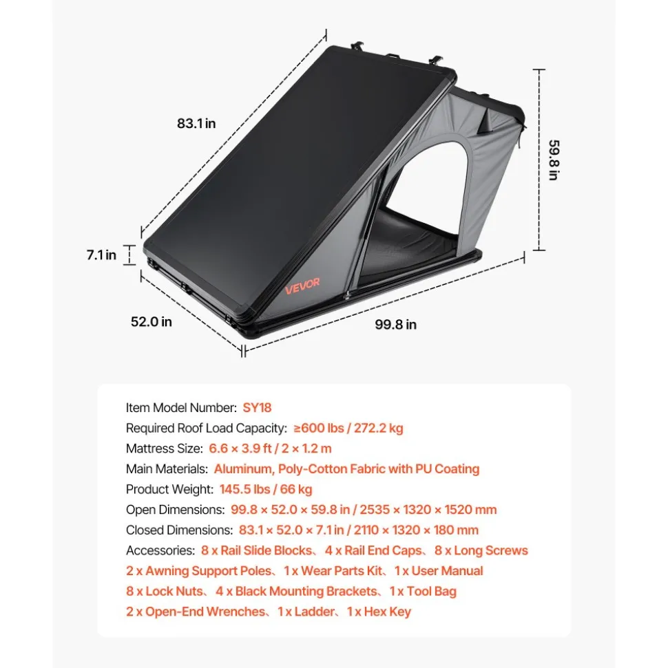 VEVOR Rooftop Tent Hard Shell, 2-3 Person Aluminum Roof Top Tent Hardshell with Tri-Color LED Light, Thick Mattress & Window, Waterproof Windproof Overland Camping Car Roof Rack for Jeep SUV Pickup