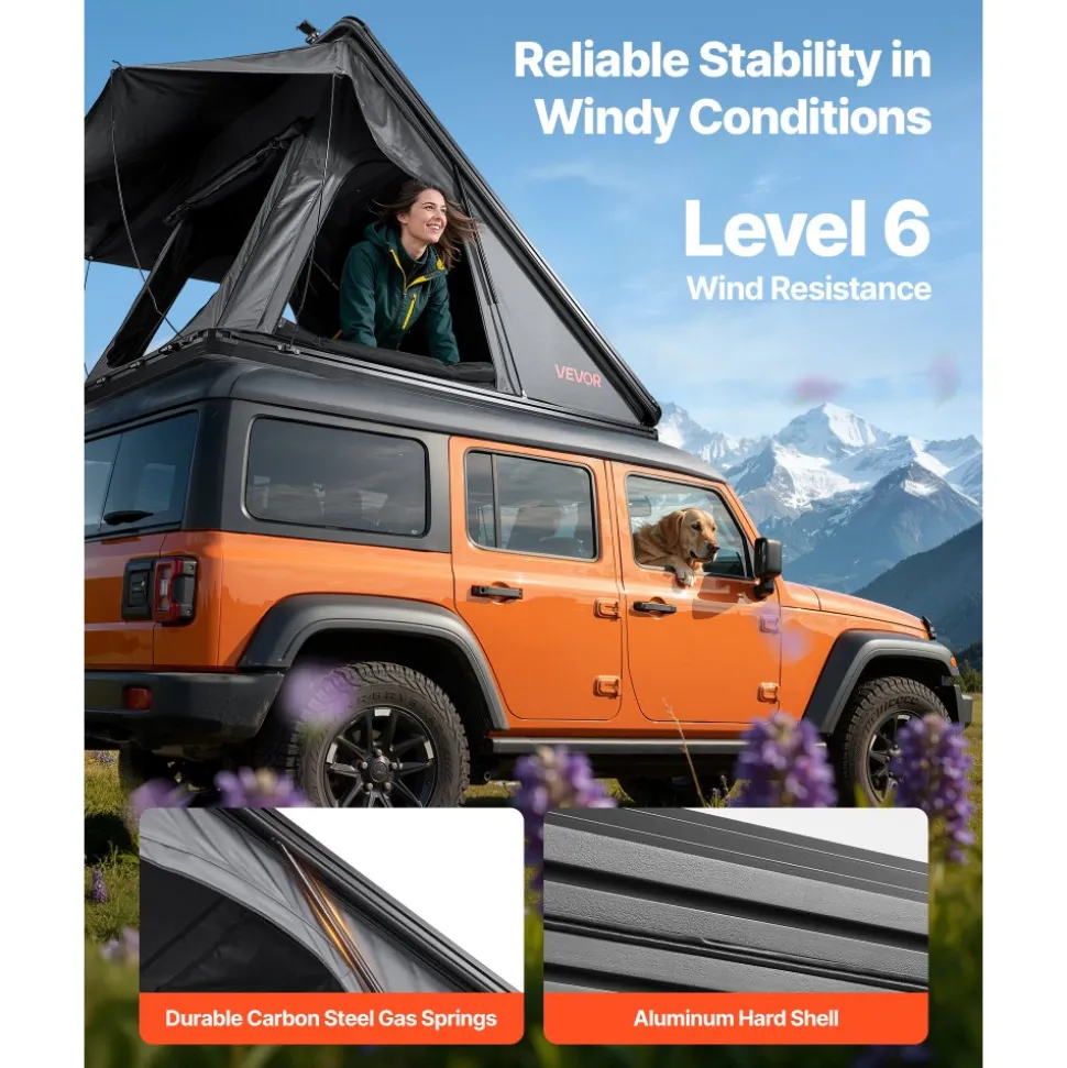 VEVOR Rooftop Tent Hard Shell, 2-3 Person Aluminum Roof Top Tent Hardshell with Tri-Color LED Light & Thick Mattress, Waterproof Windproof Overland Camping Car Roof Rack Suitable for Jeep SUV Pickup
