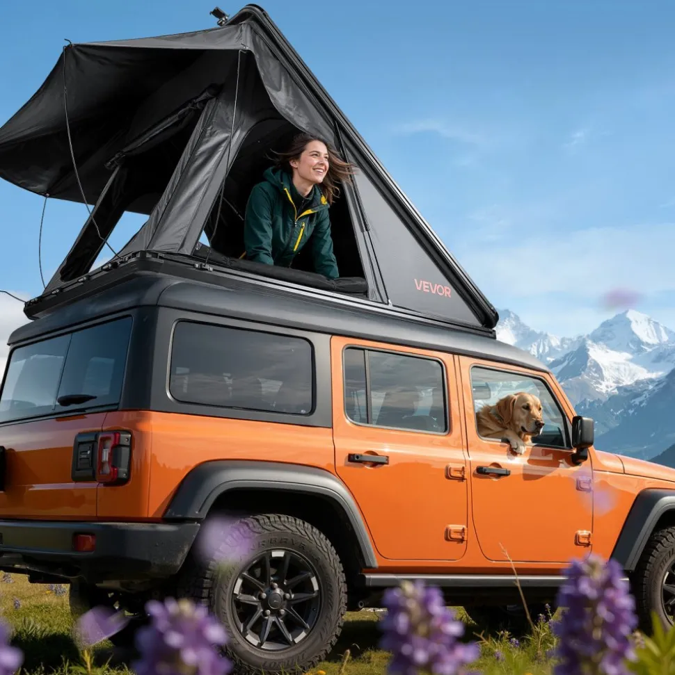 VEVOR Rooftop Tent Hard Shell, 2-3 Person Aluminum Roof Top Tent Hardshell with Tri-Color LED Light & Thick Mattress, Waterproof Windproof Overland Camping Car Roof Rack Suitable for Jeep SUV Pickup