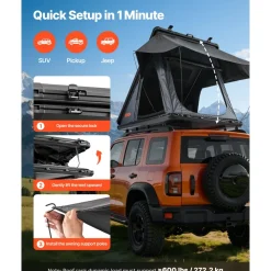VEVOR Rooftop Tent Hard Shell, 2-3 Person Aluminum Roof Top Tent Hardshell with Tri-Color LED Light & Thick Mattress, Waterproof Windproof Overland Camping Car Roof Rack Suitable for Jeep SUV Pickup