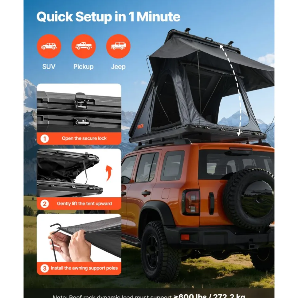 VEVOR Rooftop Tent Hard Shell, 2-3 Person Aluminum Roof Top Tent Hardshell with Tri-Color LED Light & Thick Mattress, Waterproof Windproof Overland Camping Car Roof Rack Suitable for Jeep SUV Pickup