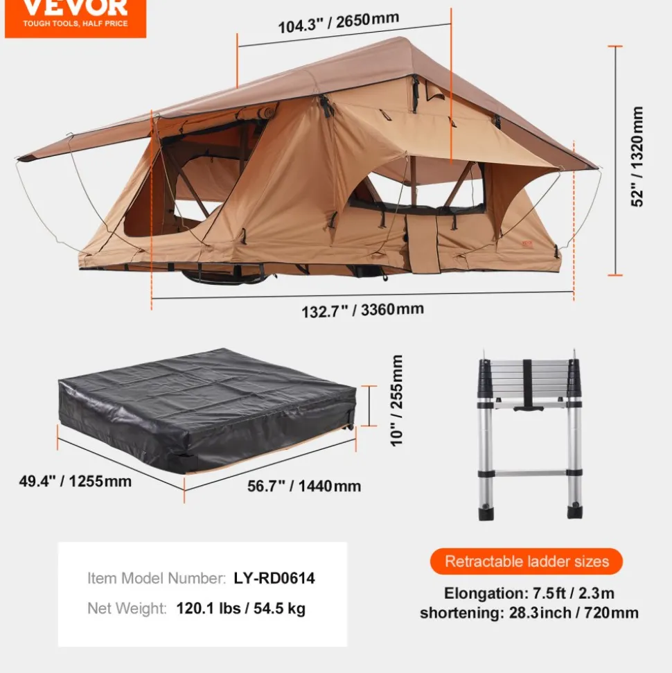 VEVOR Rooftop Tent Hard Shell, Naturnest Rooftop Tent Hardshell for 2-3 Person, Folding Hard Shell Roof Top Tent with Telescopic Ladder Mattress PVC Cover Bag, Waterproof for Jeep SUV Van Pickup Truck