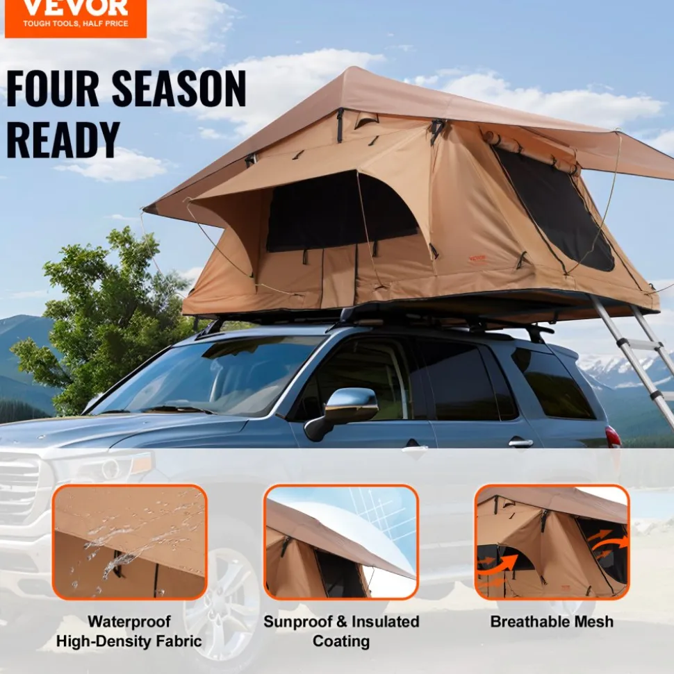 VEVOR Rooftop Tent Hard Shell, Naturnest Rooftop Tent Hardshell for 2-3 Person, Folding Hard Shell Roof Top Tent with Telescopic Ladder Mattress PVC Cover Bag, Waterproof for Jeep SUV Van Pickup Truck