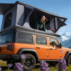 VEVOR Rooftop Tent Hard Shell, 2-3 Person Aluminum Roof Top Tent Hardshell with Tri-Color LED Light, Thick Mattress & 2 Windows, Waterproof Windproof Overland Camping Car Roof Rack for Jeep SUV Pickup