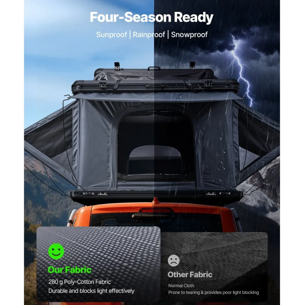 VEVOR Rooftop Tent Hard Shell, 2-3 Person Aluminum Roof Top Tent Hardshell with Tri-Color LED Light, Thick Mattress & 2 Windows, Waterproof Windproof Overland Camping Car Roof Rack for Jeep SUV Pickup